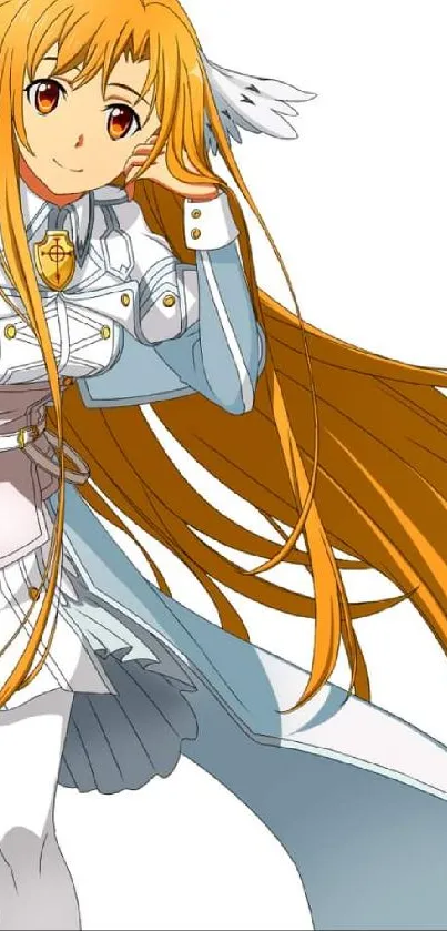 Anime character with long orange hair in elegant attire.