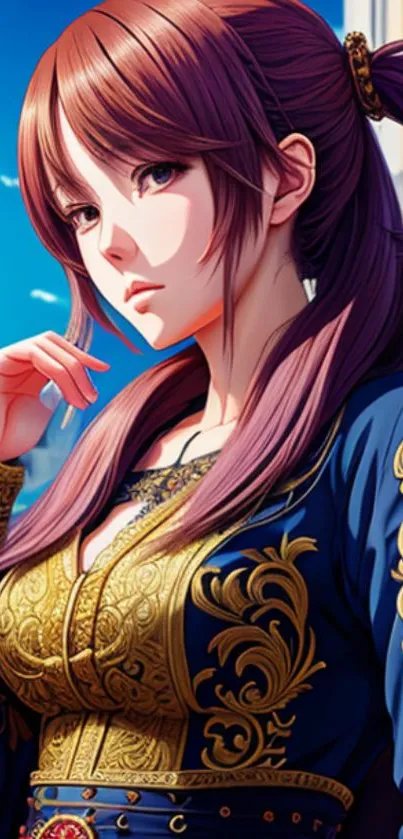 Anime character with ornate blue and gold attire in vibrant wallpaper.