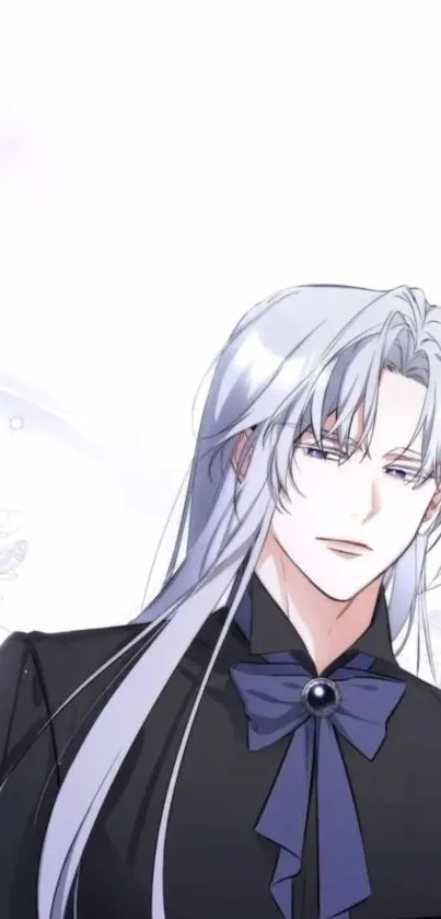 Anime character with silver hair and dark attire on a white floral background.