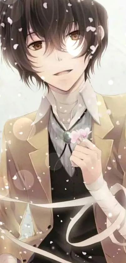 Anime character wallpaper with petals and light brown jacket.