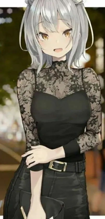 Elegant anime character in black lace with city nightlife background.