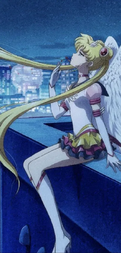 Anime character with wings overlooking city at night.