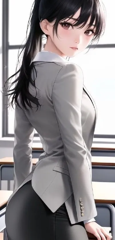 Anime woman in gray jacket in classroom setting wallpaper.