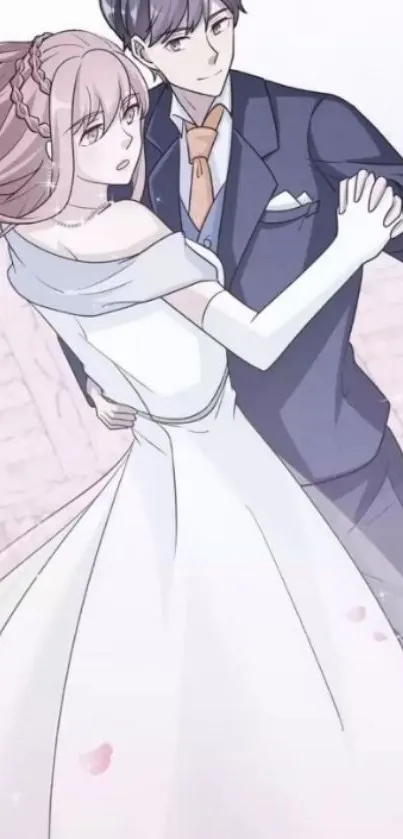 Anime couple dancing elegantly in formal attire.