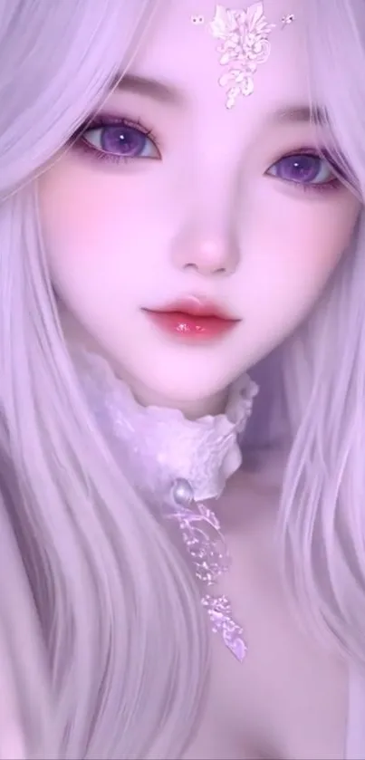 Ethereal anime character with lavender hair and a serene expression in a fantasy setting.