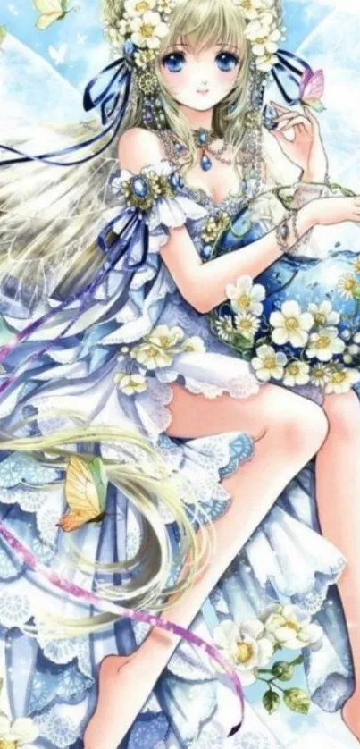 Anime fairy with floral dress and butterflies in light blue theme.