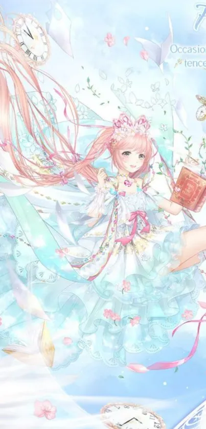 Anime fairy with pastel elements and floating objects on a light blue background.