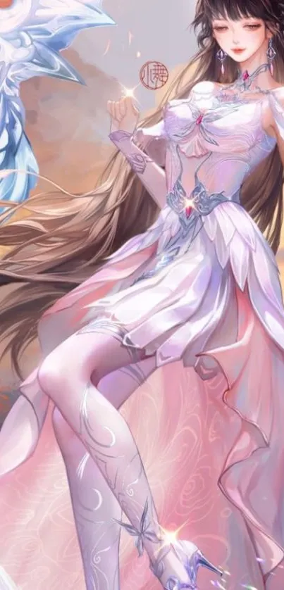 Anime character in elegant fantasy attire with flowing hair.