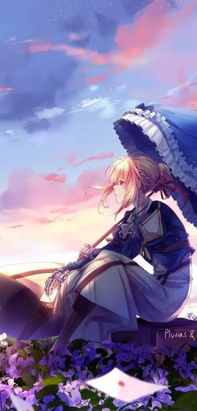 Anime girl with umbrella at sunset, surrounded by purple flowers.