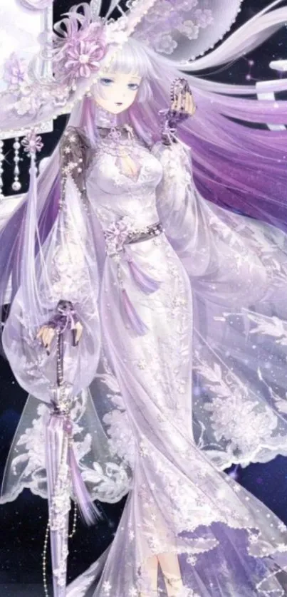 Elegant anime character in lavender dress with ethereal design.