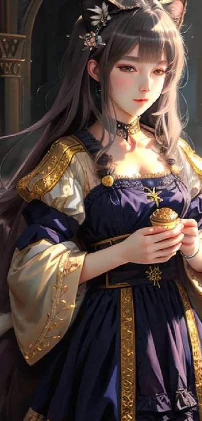 Anime character in elegant fantasy attire with dark blue and gold hues.