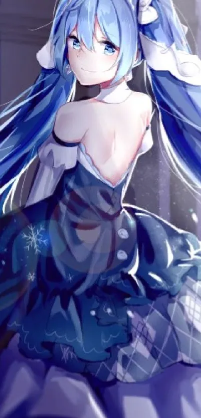 Anime girl in elegant blue dress with flowing hair.