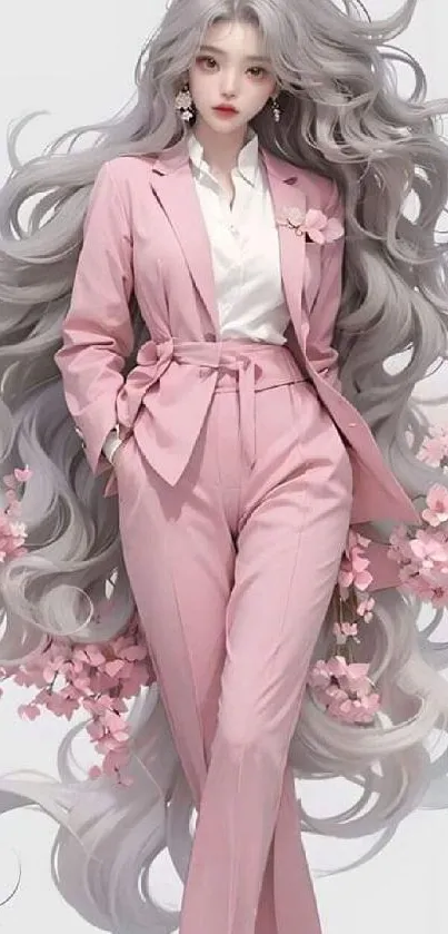 Anime girl in pink suit with gray hair and blossoms.