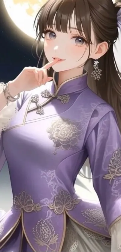 Anime character in a purple dress under a moonlit sky.