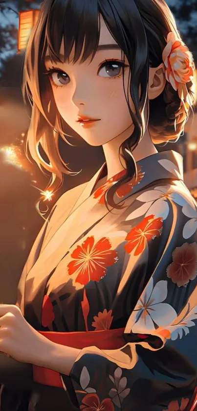 Anime character in kimono under glowing lanterns at night festival.