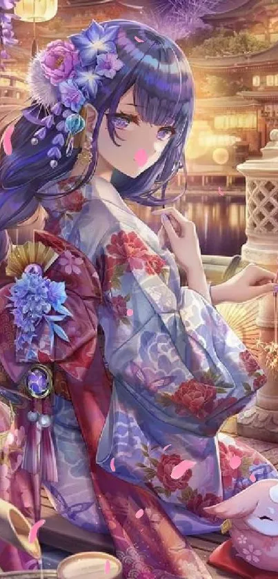 Anime girl in kimono amidst fireworks.