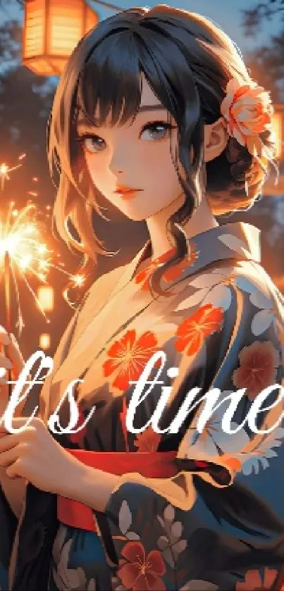 Anime girl holding sparkler in kimono, glowing festive night scene.