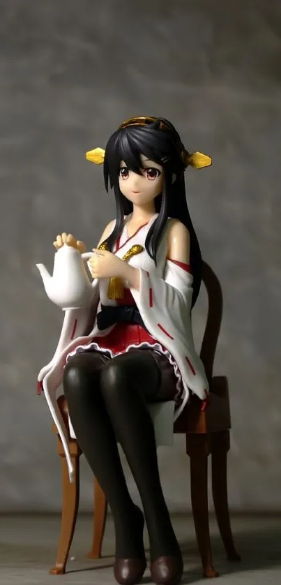 Elegant anime figure seated on chair with teapot in soft lighting.