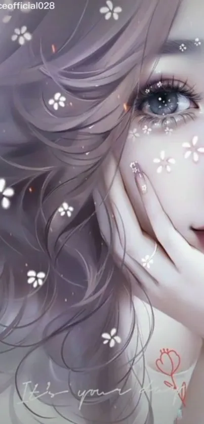 Elegant anime wallpaper with flowers and soft colors.