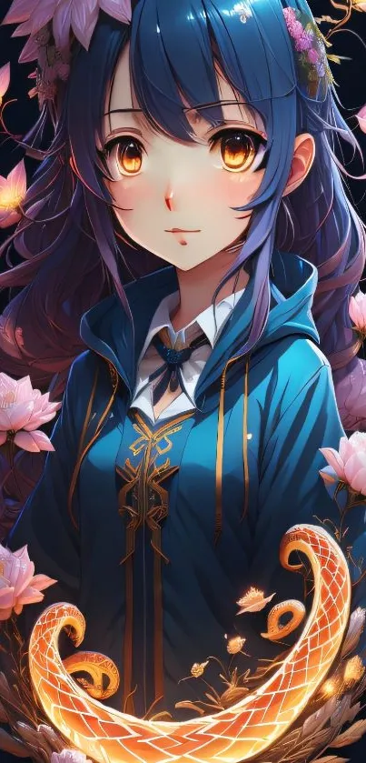 Anime character with blue hair surrounded by glowing flowers.