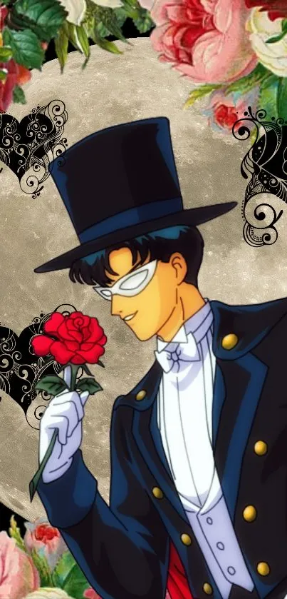 Anime character in top hat with floral background.