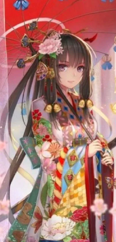 Anime character in vibrant floral attire with a red umbrella.