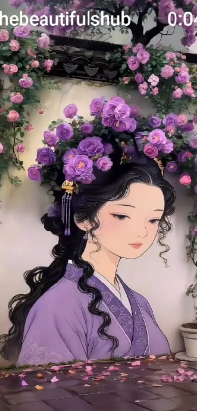 Anime woman amidst purple flowers, serene and elegant.