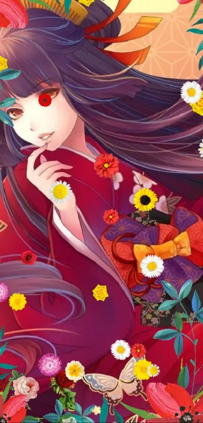 Anime character with vibrant floral design in red hues.