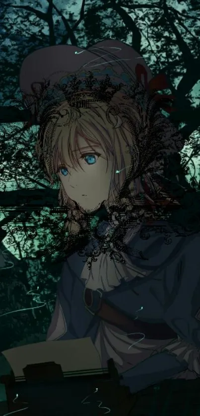 Anime character in a mystical forest setting with dark green hues.