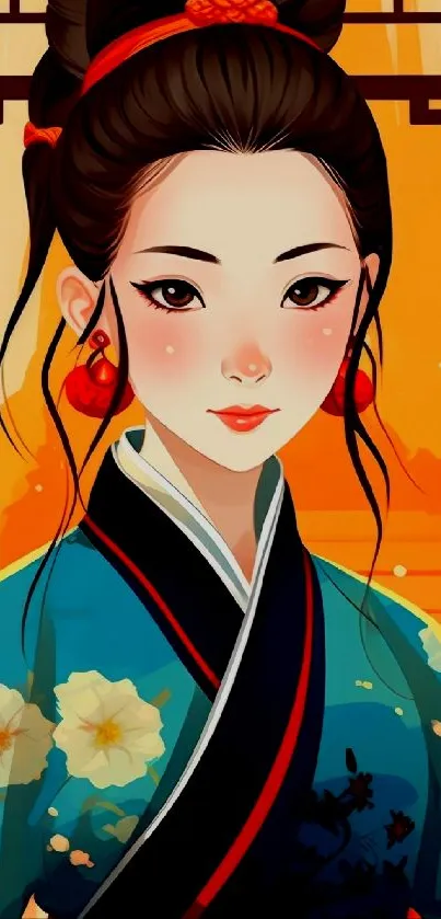 Anime-inspired geisha in traditional attire, vibrant colors.