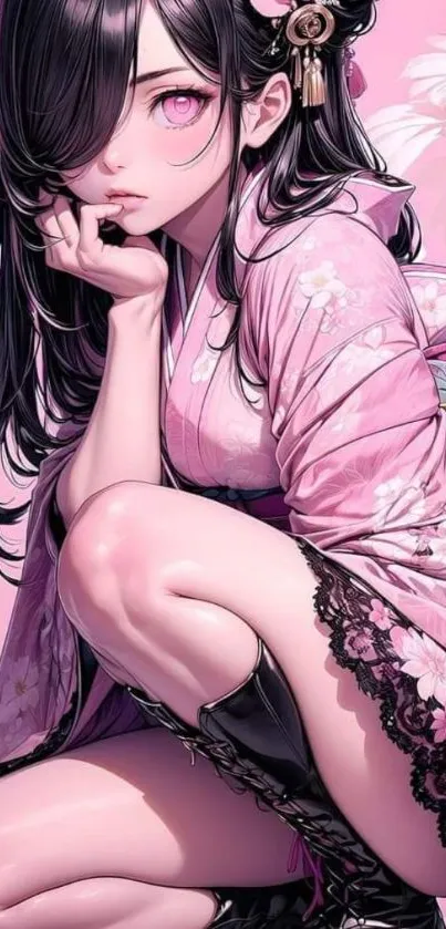 Anime geisha art with pink floral kimono design.