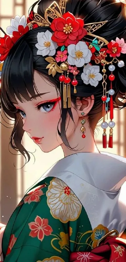 Anime geisha with floral hair ornaments