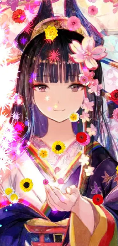 Anime geisha with floral accents and vibrant colors on a mobile wallpaper.