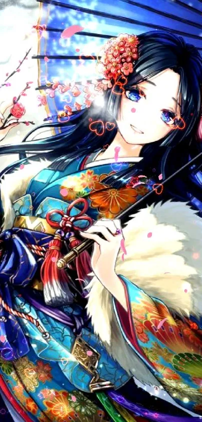 Anime geisha in a colorful kimono with a blue umbrella.