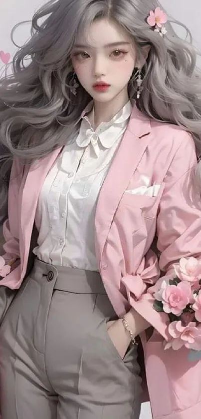 Anime girl with pastel pink fashion aesthetic.