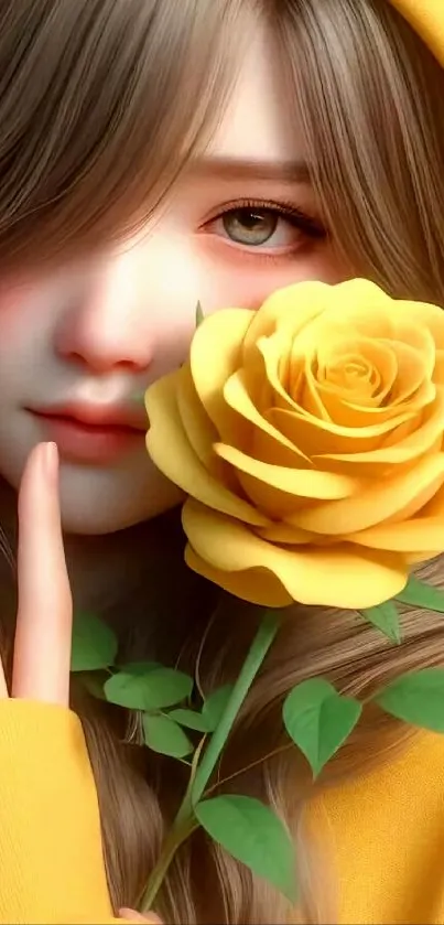 Anime girl holding a yellow rose, elegant and vibrant.