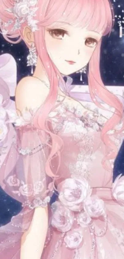 Elegant anime girl in a pink dress with floral accents.