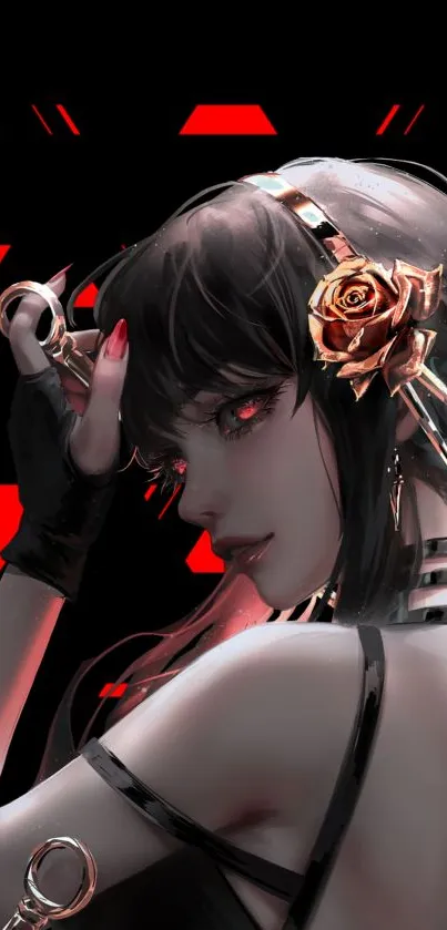 Anime girl with rose headphones on a dark background.