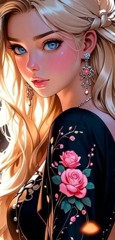 Elegant anime girl with long blonde hair and intricate floral design.