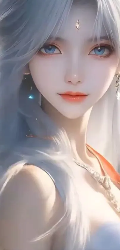 Elegant anime girl with blue eyes and flowing hair.