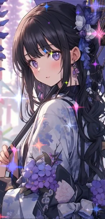 Anime girl with floral kimono and umbrella.