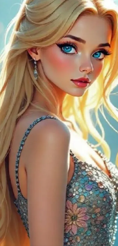 Anime-style portrait of a blonde girl with blue eyes and intricate dress design.