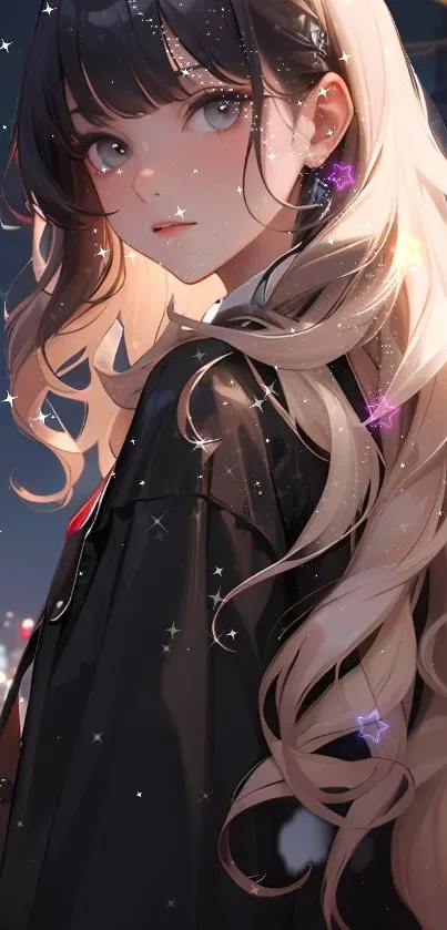 Anime girl stands under city lights with stars in her hair at night.