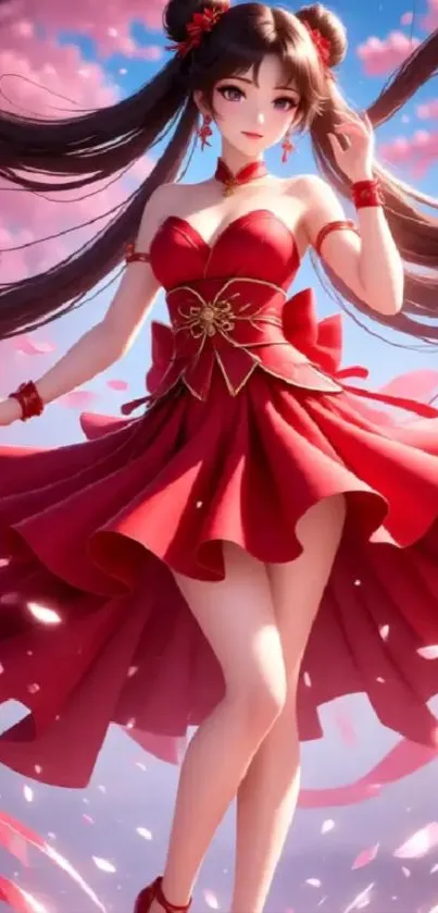 Anime girl in red dress with dynamic pose.