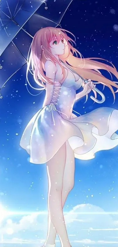 Anime girl in white dress with umbrella against blue sky.