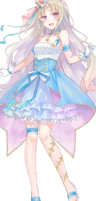 Anime girl in pastel blue dress with flowing hair and decorative elements.