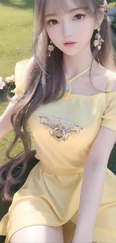 Elegant anime girl in a yellow dress sitting in a garden.