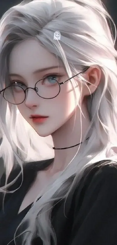 Elegant anime girl with long silver hair and glasses, stylish portrait.