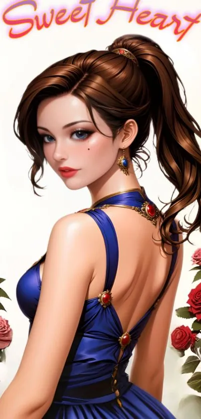 Anime girl in blue dress with roses around her.