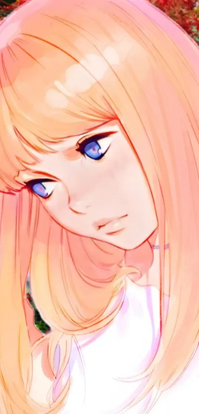 Anime girl with peach hair and blue eyes, serene expression.